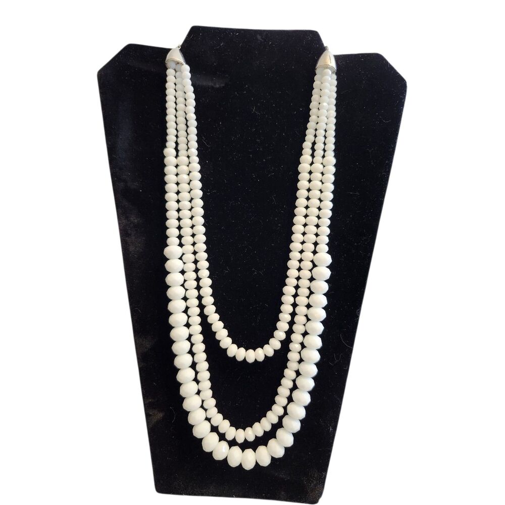Vintage Style Triple Strand White Milk Glass Statement Necklace 21" - 24" Adjust